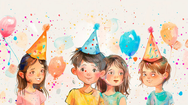Children with balloons and birthday party hats. Watercolor illustration. Happy Birthday Celebration.