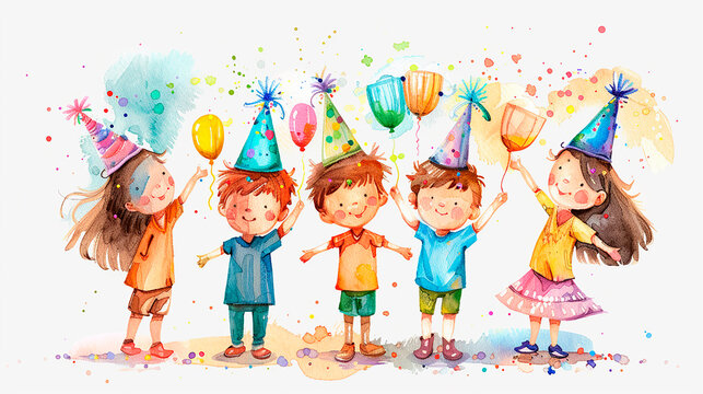 Children with balloons and birthday party hats. Watercolor illustration. Happy Birthday Celebration.