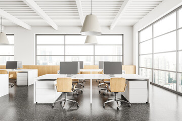 Modern office interior with coworking space and technology, panoramic window