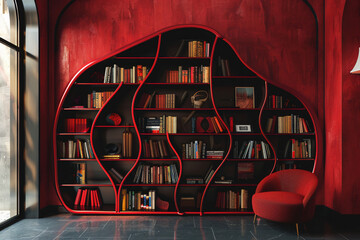 Craft an abstract bookshelf with whimsical curves, set against a backdrop of bold, crimson walls