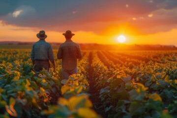 A contemplative moment captured as two farmers observe the growth of their soybean crops under the breathtaking colors of sunset