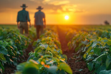 Two farmers walk away from the camera through a sunlit field with young plants, enjoying the sunset