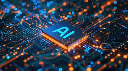 Artificial Intelligence chip with words AI in the center against a background of highly detailed futuristic electronic circuit boards glowing blue and orange created with Generative AI Technology - obrazy, fototapety, plakaty