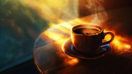 Hot coffee with smoke floating on the wooden table near window in the morning generative AI
