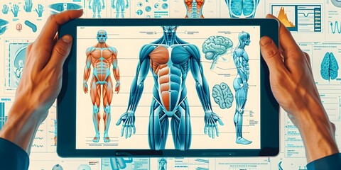 Detailed Digital Diagram of Human Muscle Groups for Health Fitness and Training Education on a Tablet Device - obrazy, fototapety, plakaty