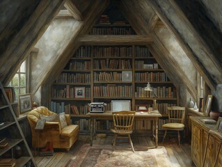 A small room with a desk and a chair, and a large bookcase filled with books. The room has a cozy and inviting atmosphere, with a comfortable chair and a desk for writing or reading