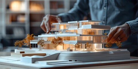 An architect presents a 3D model of a new building design to clients highlighting its innovative features and sustainability aspects
