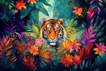 A colorful watercolor illustration, a tiger in a jungle among flowers and leaves