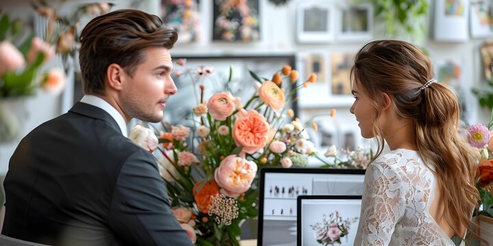 A wedding planner presents theme options to a couple using mood boards and digital slideshows to visualize ideas for their special day