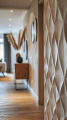 Close-up of a geometric-patterned wallpaper in a hallway, scandinavian style interior