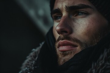 Fototapeta premium Beautiful brutal man. Adult confident bearded man outdoor portrait. Generate ai
