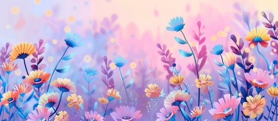Field of vibrant flowers in full bloom set against a beautiful pink sky background - obrazy, fototapety, plakaty