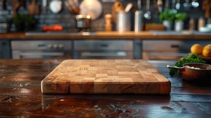 Empty wooden cutting board in a modern kitchen