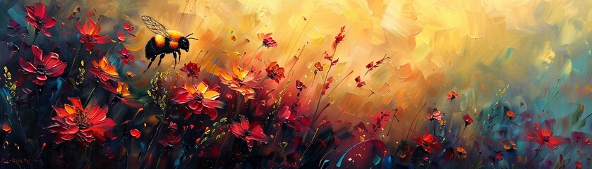 Vibrant, abstract oil painting of a bee and flowers in red, black, gold, and yellow, using a palette knife, on a dynamic background with intense lighting and colorful highlights