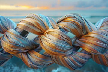 Craft an image showcasing a close-up view of a multi-layered ribbon knot, with each strand woven together in a mesmerizing pattern, set against the backdrop of a tranquil seascape at sunset 