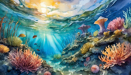 Watercolor illustration of beautiful underwater life. Marine world. Natural scenery. Hand drawn art.