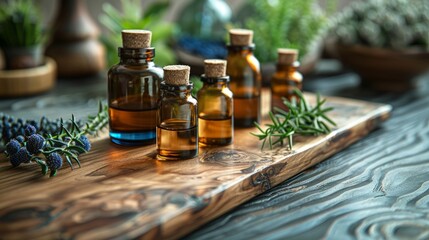 Essential oils with herbs on wooden surface - obrazy, fototapety, plakaty