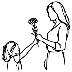 Daughter Give Mother a Flower Line Art.