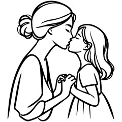 Mother and Daughter Kiss Line Art.