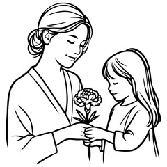 Daughter Give Mother a Flower Line Art.