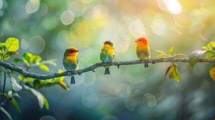 A small group of song birds perching on a tree branch