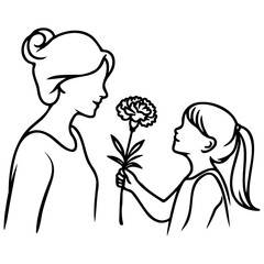 Daughter Give Mother a Flower Line Art.