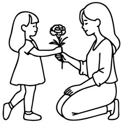 Daughter Give Mother a Flower Line Art.