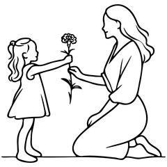 Daughter Give Mother a Flower Line Art.