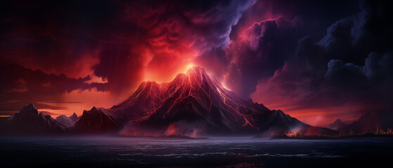 Volcanic Eruption in a Dramatic Red Twilight Digital Artwork - obrazy, fototapety, plakaty