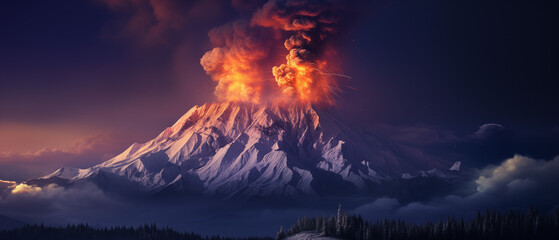 Fiery Volcanic Eruption at Dusk with Ash Cloud Overlooking Pine Forest