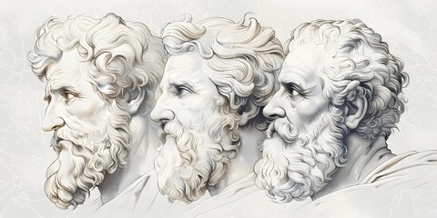 Portrait Series of Influential Historical Figures in Distinctive Line Drawing Styles with Copy Space