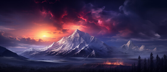 Dramatic Mountain Landscape at Sunset with Vivid Clouds and Distant Fire