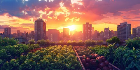 Vibrant Rooftop Garden Overlooking Stunning Cityscape at Sunset with Fresh Vegetables Thriving Above Urban Skyline Showcasing Sustainable Living