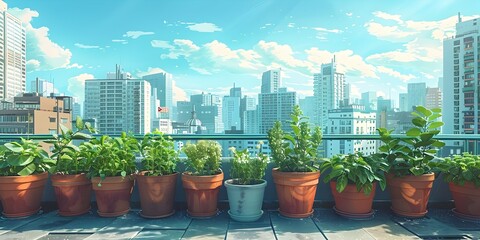Sustainable Rooftop Garden with Advanced Self Watering Planters and Reflective Coatings Overlooking a Modern Cityscape