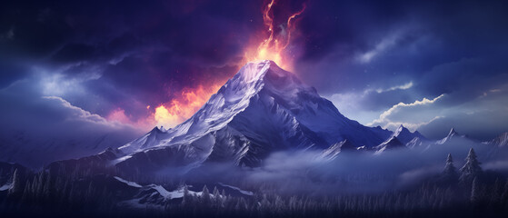 Majestic Snow-Capped Mountain with Lightning Striking at Dusk