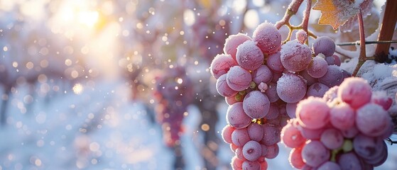 Wine grapes under a blanket of snow, vineyard glowing in bright, enchanting winter hues