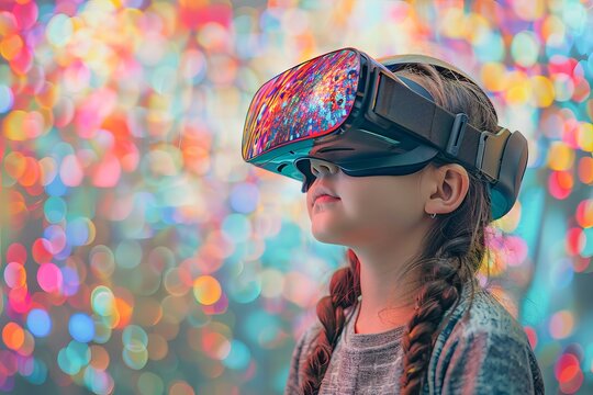 Young girl experiencing virtual reality against colorful lights - Powered by Adobe