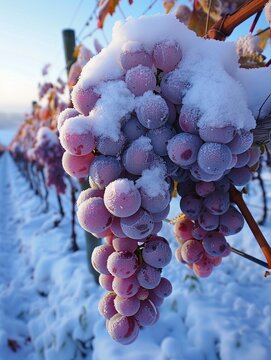 Snowy enchantment in a vineyard, wine grapes covered in snow, vivid and bright winter colors