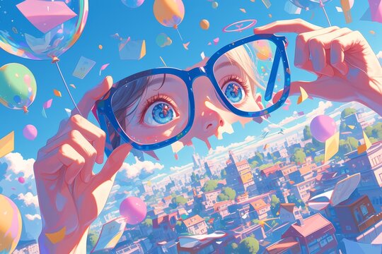 A whimsical digital art piece depicting a fantasy world of imagination, with floating balloons representing different views of Earth from space, surrealistic elements like giant glasses