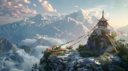 A Himalayan mountaintop podium with prayer flags and serene views, for spiritual and wellness products
