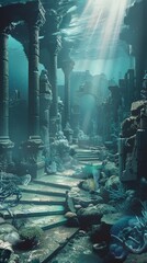 A lost city of Atlantis podium with ancient ruins and marine life, for mystical and marine products - obrazy, fototapety, plakaty