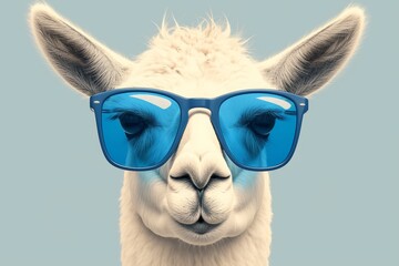 Fototapeta premium A white llama with blue sunglasses against a solid color background