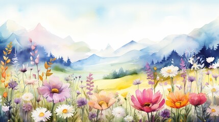 Obraz na płótnie Canvas A watercolor painting of a field of flowers in the mountains.