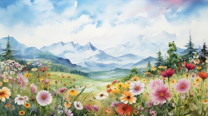 A watercolor painting of a field of flowers in the mountains.