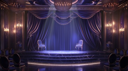 An opera stage podium with velvet curtains and dramatic lighting, for theatrical and luxury items