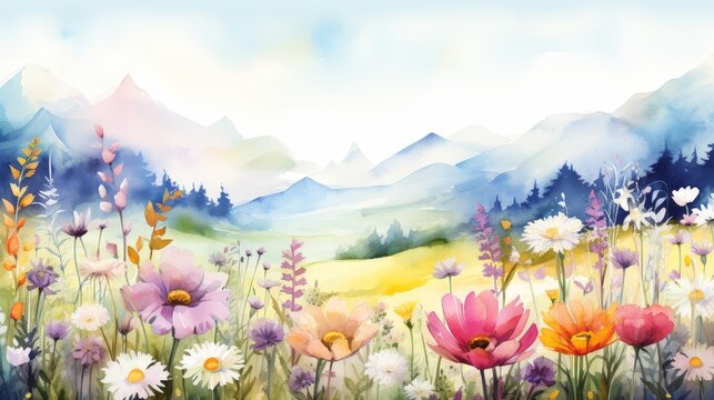 A watercolor painting of a field of flowers in the mountains.