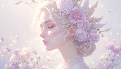 A woman with flowers and feathers in her hair, photorealistic, inspired in the style of fashion photography, ethereal background, pastel colors