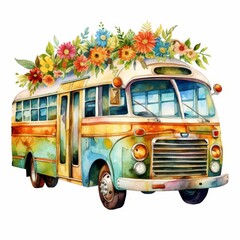 A watercolor painting of a vintage bus with flowers on the roof.