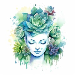 A watercolor painting of a woman with succulents in her hair.