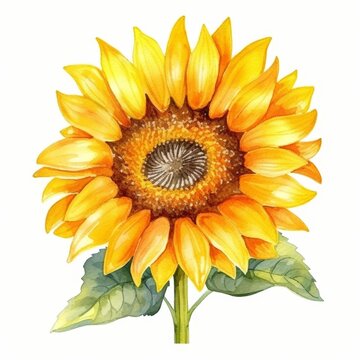 A watercolor painting of a sunflower in full bloom against a white background.